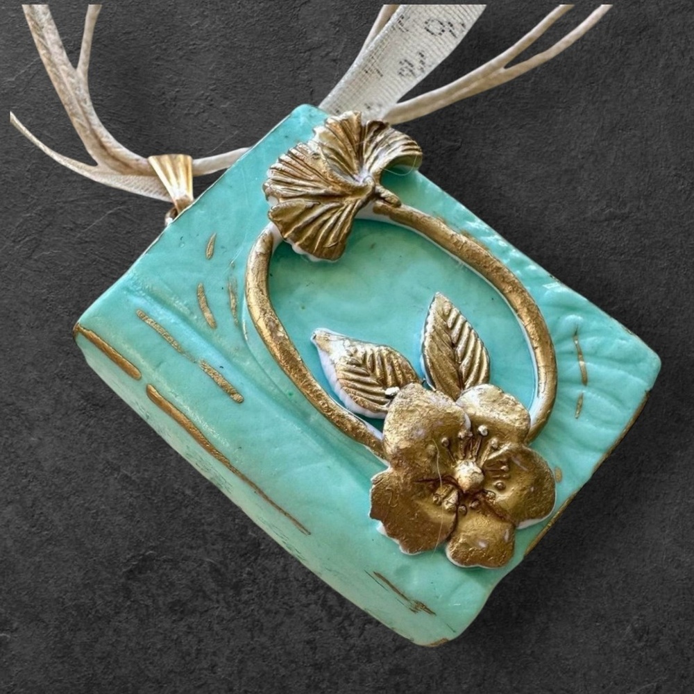 Handmade Book Pendant Necklace Turquoise with Gold Floral Detail